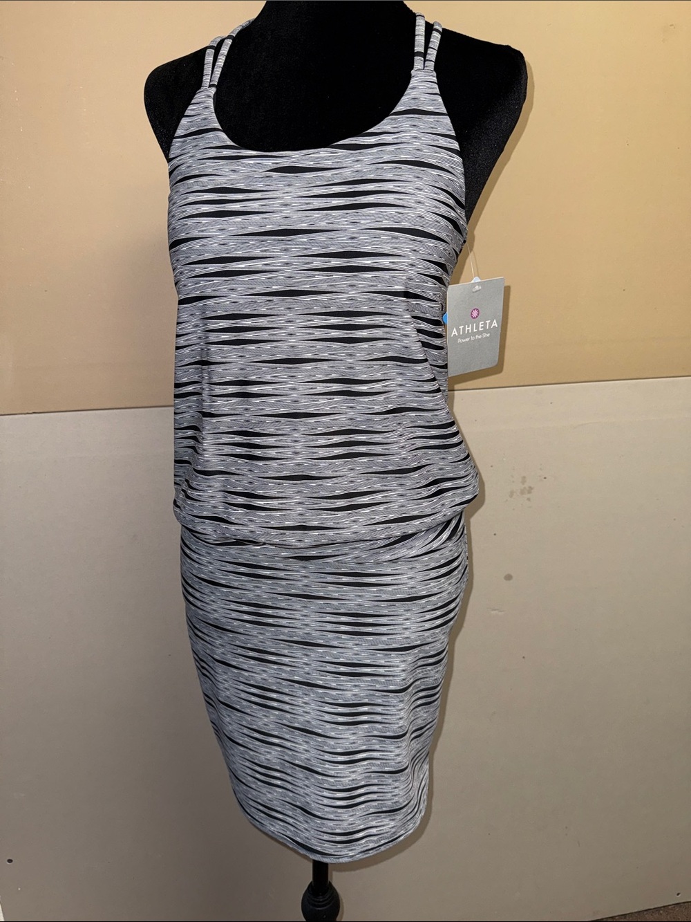 Athleta Ariel Venice Black & White Space-Dyed Tank Swim Dress W/ Built in Bra